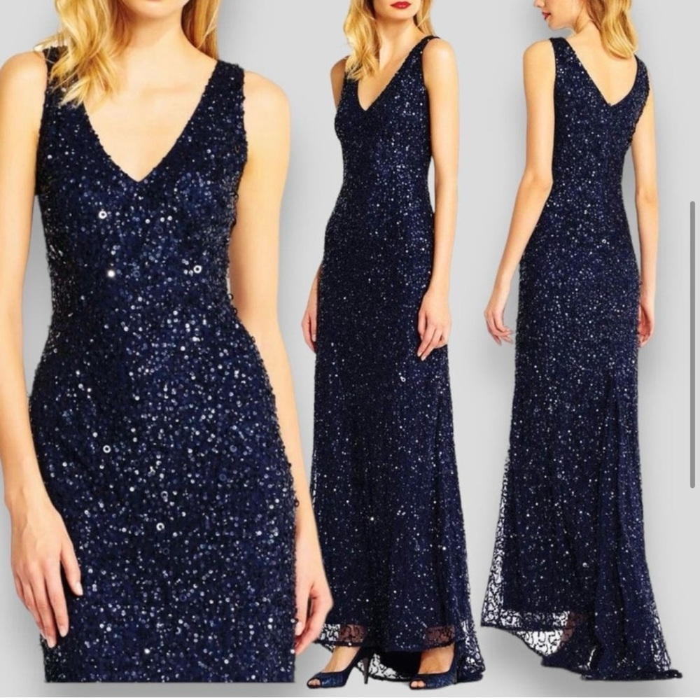 Adrianna Papell Midnight Navy Gown Dress with Sequins
